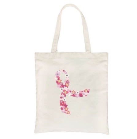 Pink Floral Breast Cancer Ribbon Canvas Bag